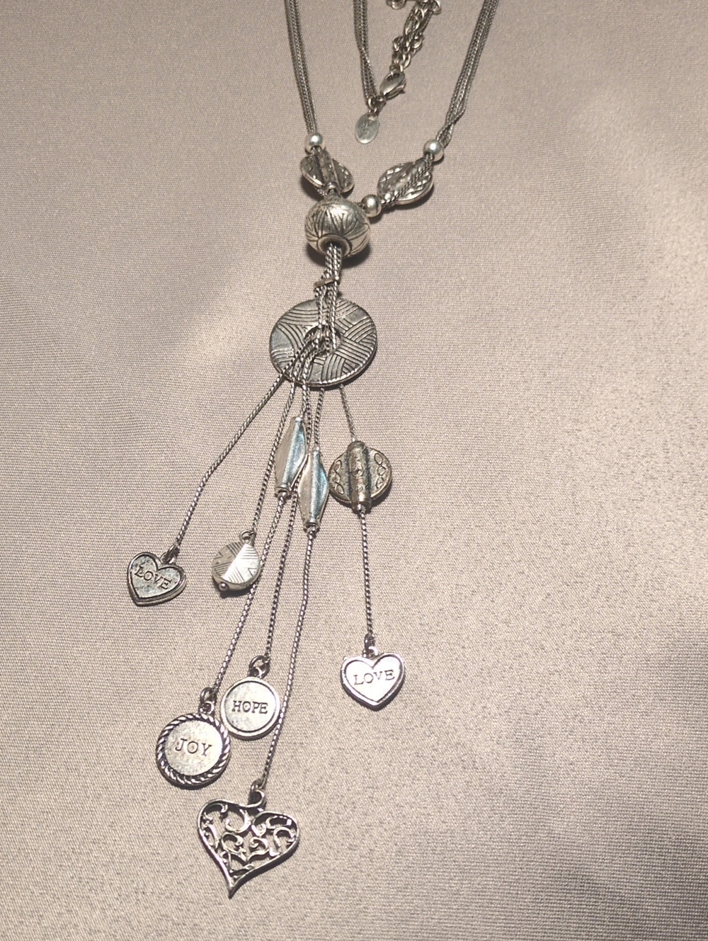 Silver Multi-Charm Pendant Necklace with Heart and Inspirational Discs